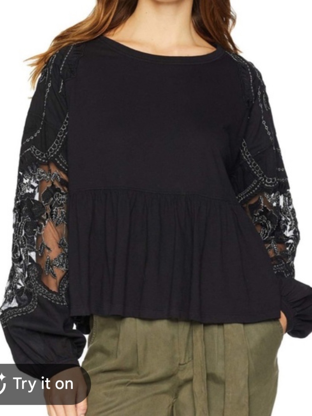 Free People Black Embroidered Lace Sleeve Peplum Top blouse size S